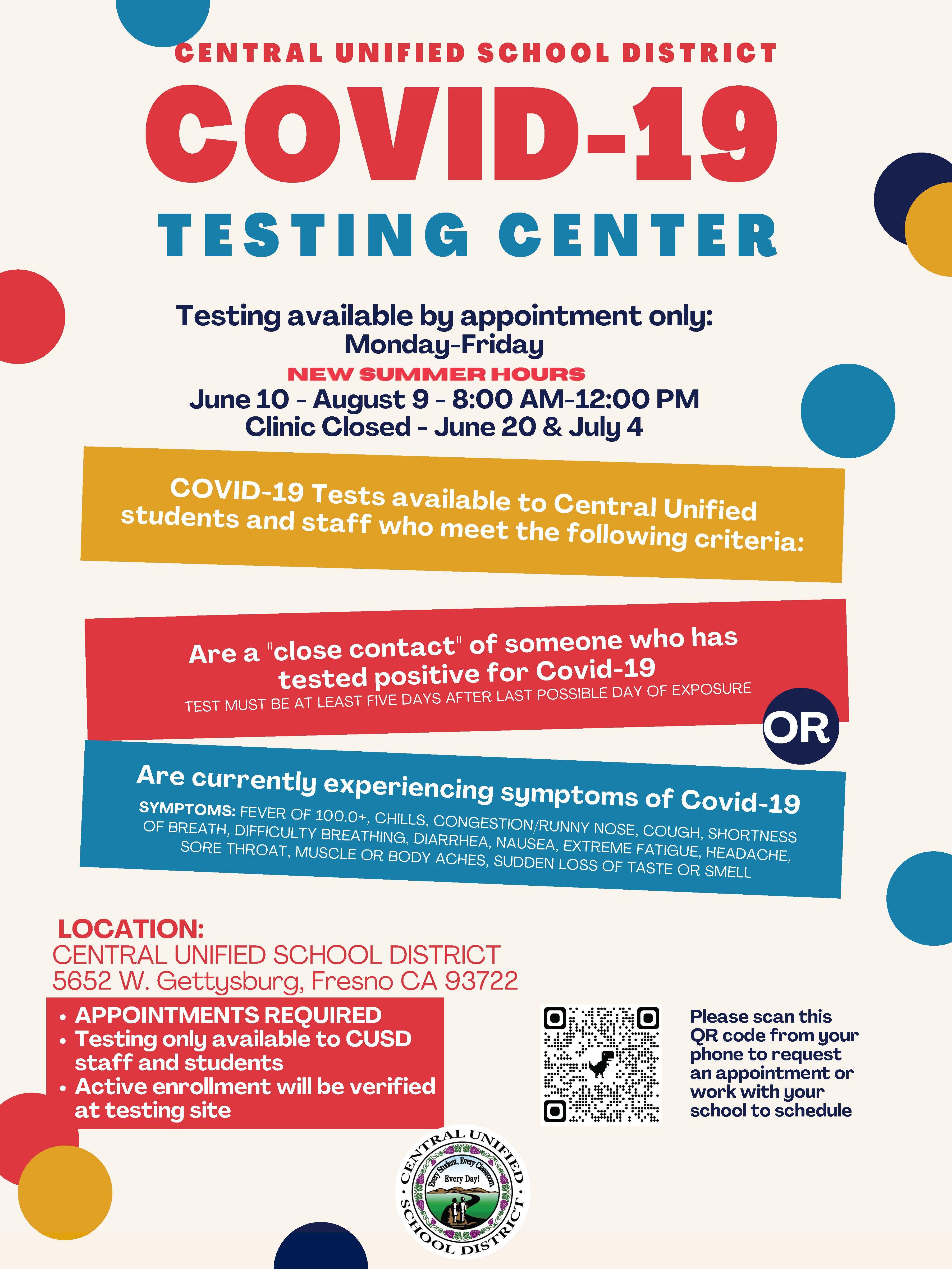 Covid-19 testing center- summer hours